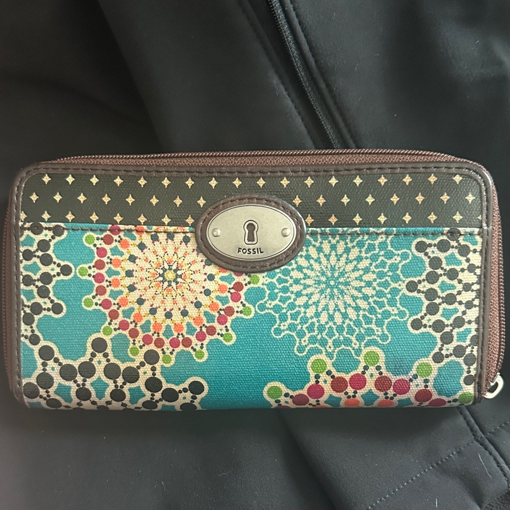 Fossil Teal and Brown Geometric Wallet